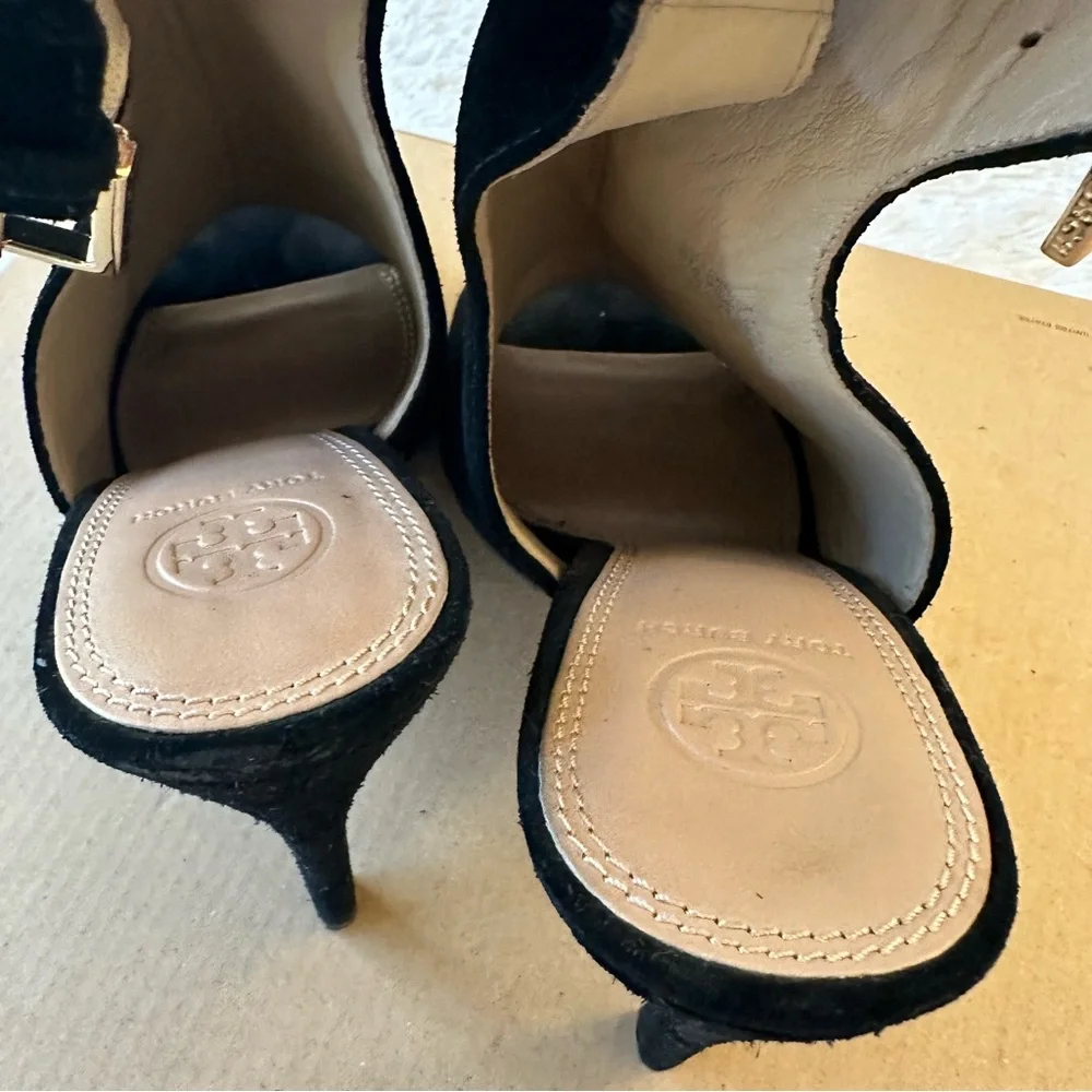 Tory Burch Britannia Black Suede Peep Toe Slingback Heels Women’s Size 8